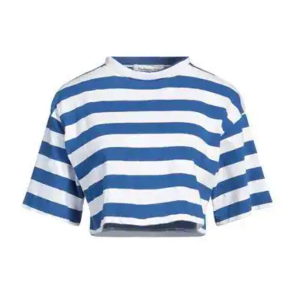 The Frankie Shop Karina Blue & White Striped Crop Tee Embroidered Logo Cotton